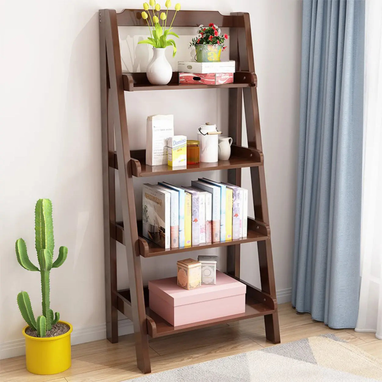 Rustic Open Ladder Wooden Vertical Display Bookshelf Image - 1
