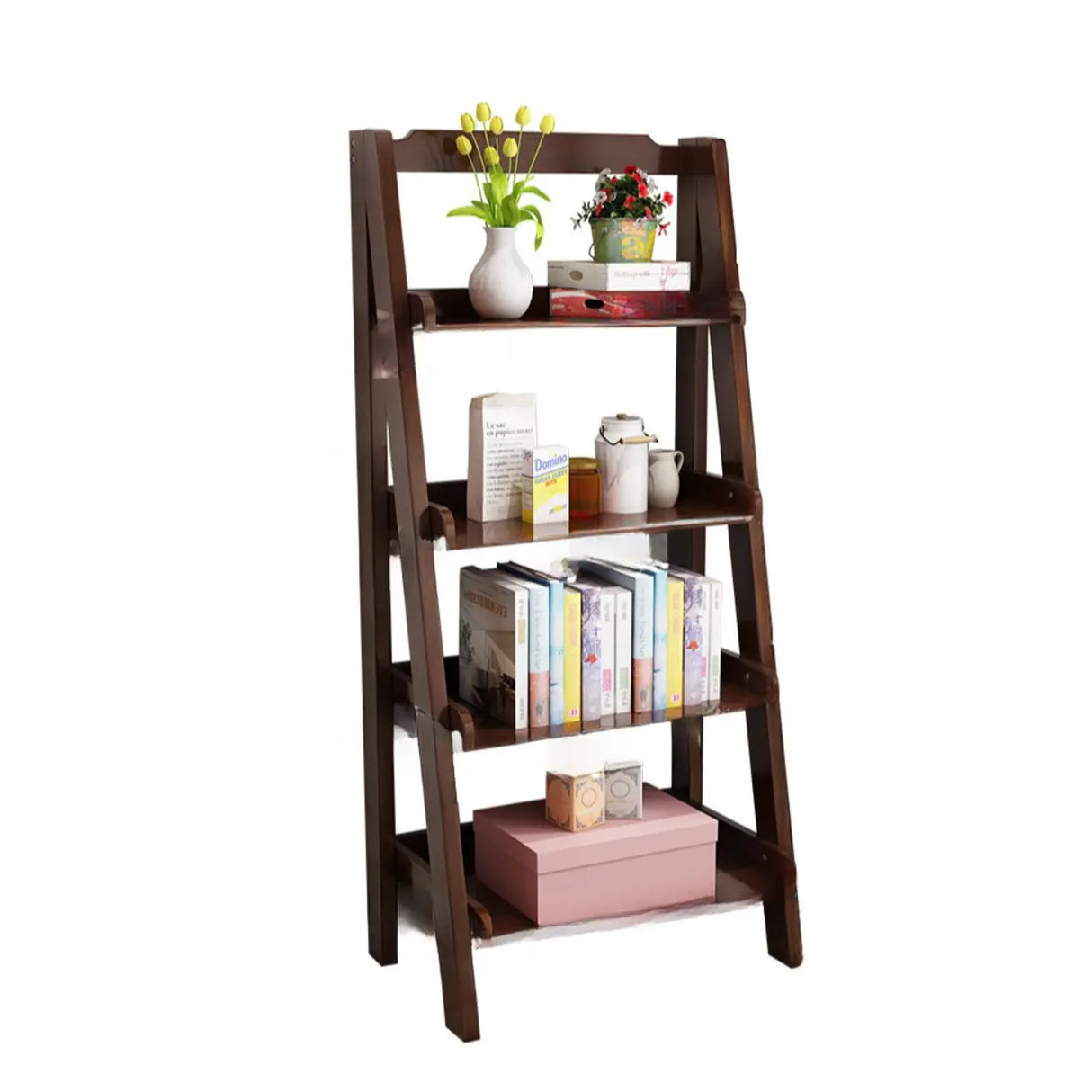 Rustic Open Ladder Wooden Vertical Display Bookshelf Image - 10
