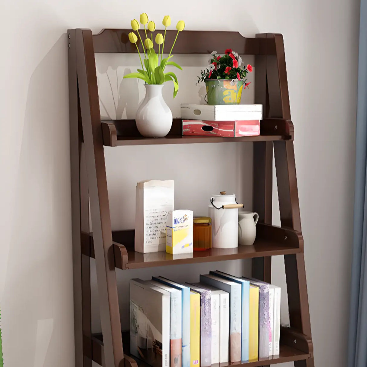 Rustic Open Ladder Wooden Vertical Display Bookshelf Image - 19