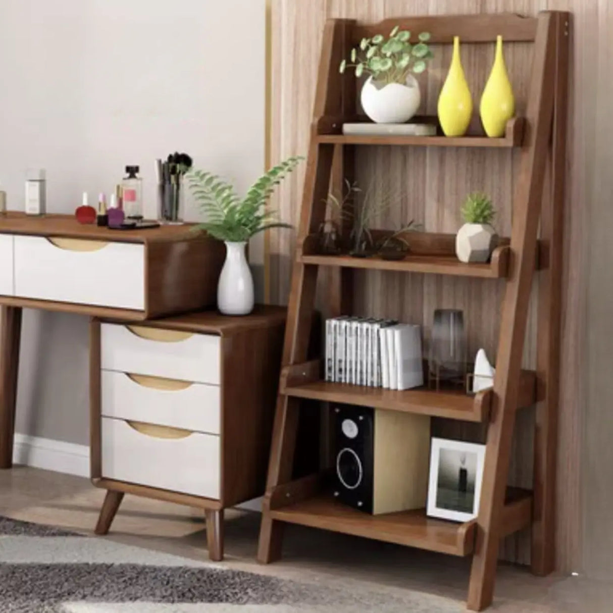 Rustic Open Ladder Wooden Vertical Display Bookshelf Image - 21