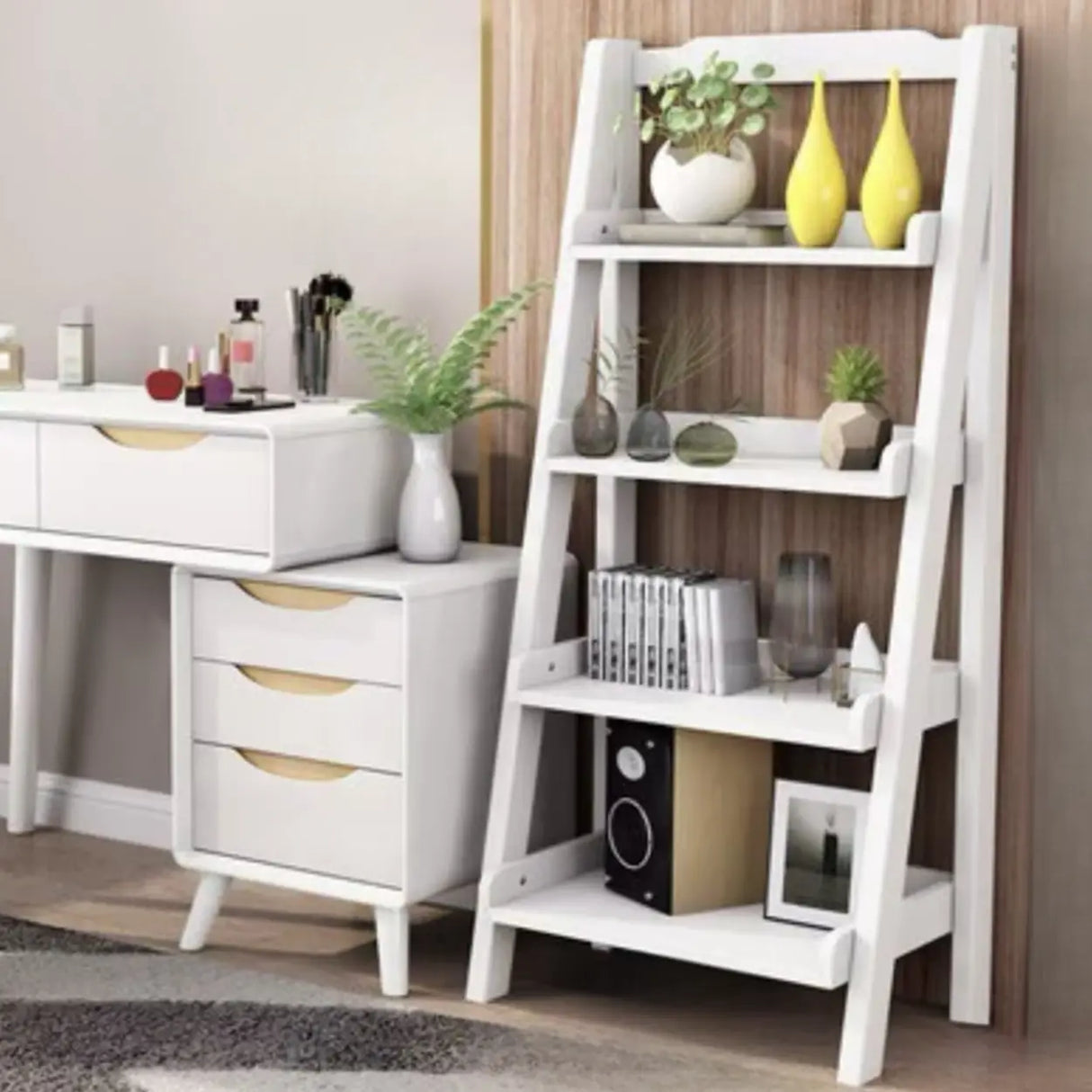 Rustic Open Ladder Wooden Vertical Display Bookshelf Image - 22