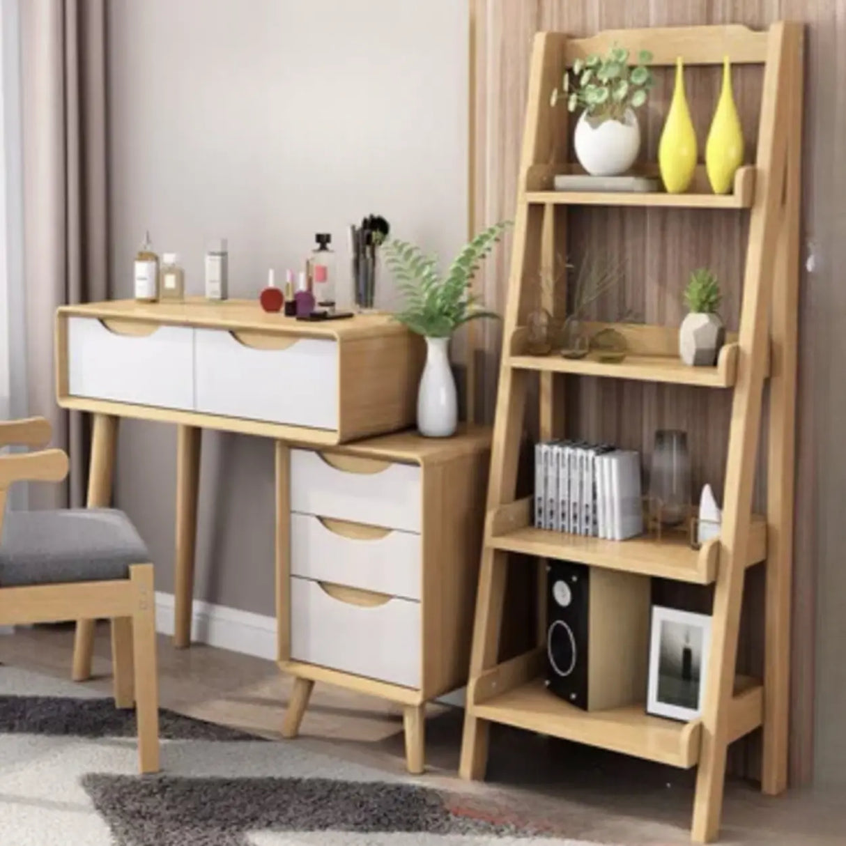 Rustic Open Ladder Wooden Vertical Display Bookshelf Image - 23