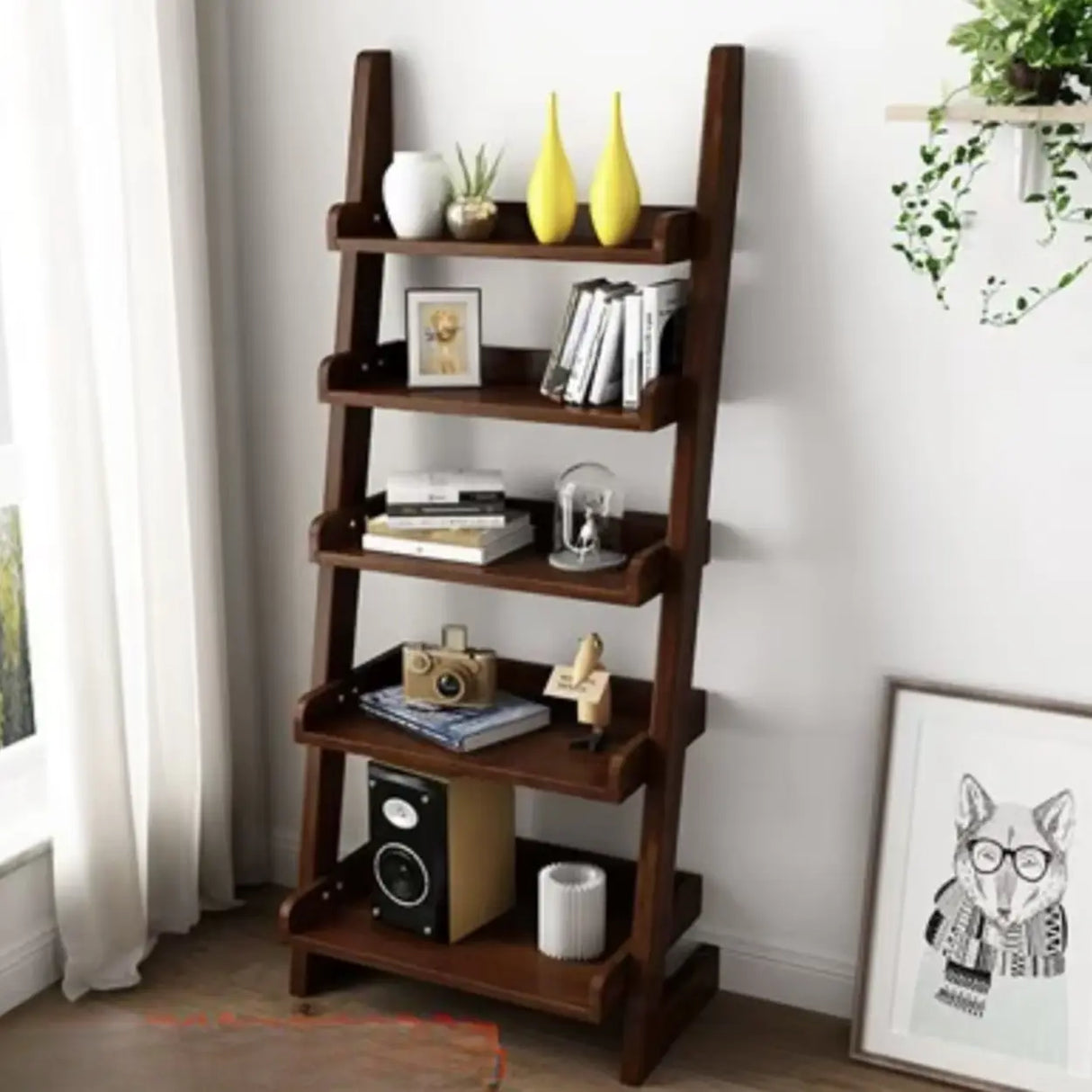 Rustic Open Ladder Wooden Vertical Display Bookshelf Image - 24