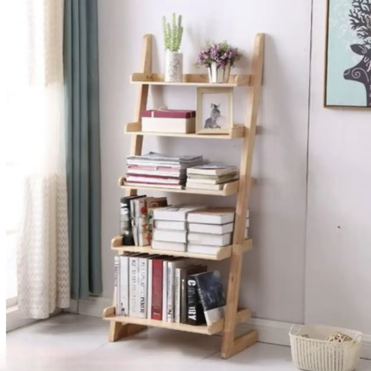 Rustic Open Ladder Wooden Vertical Display Bookshelf Image - 25