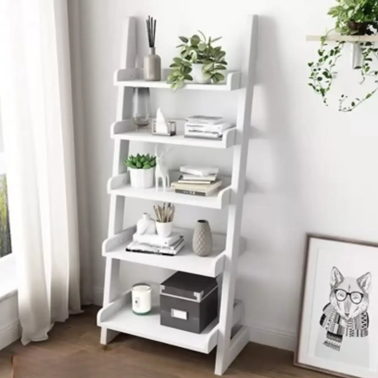 Rustic Open Ladder Wooden Vertical Display Bookshelf Image - 26