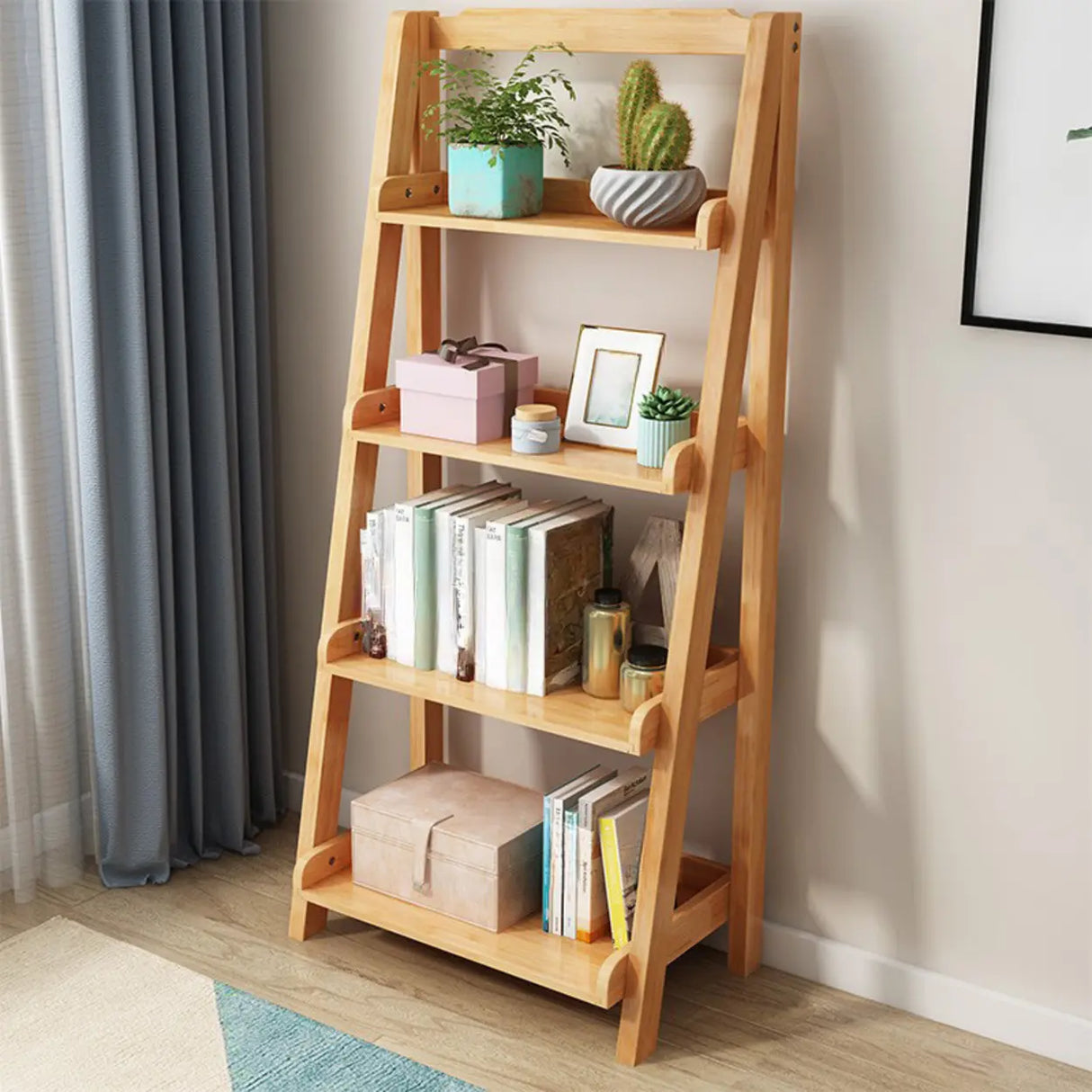 Rustic Open Ladder Wooden Vertical Display Bookshelf Image - 4