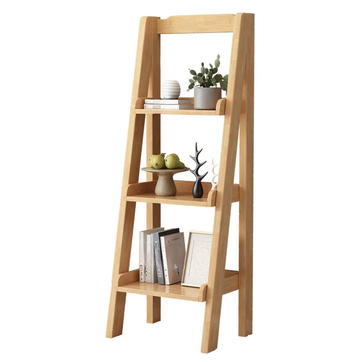 Rustic Open Ladder Wooden Vertical Display Bookshelf Image - 12