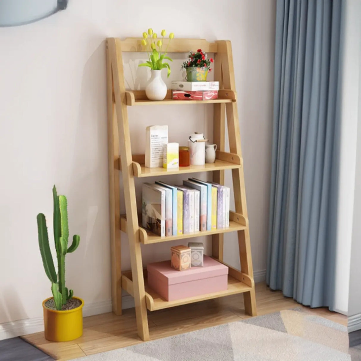 Rustic Open Ladder Wooden Vertical Display Bookshelf Image - 6