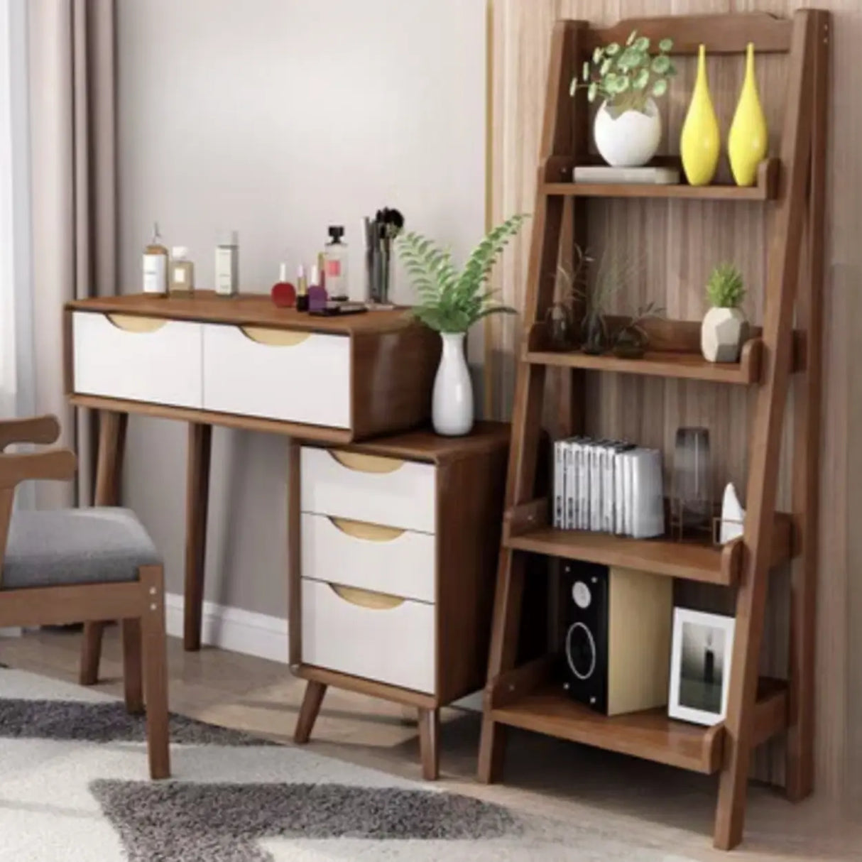 Rustic Open Ladder Wooden Vertical Display Bookshelf Image - 7