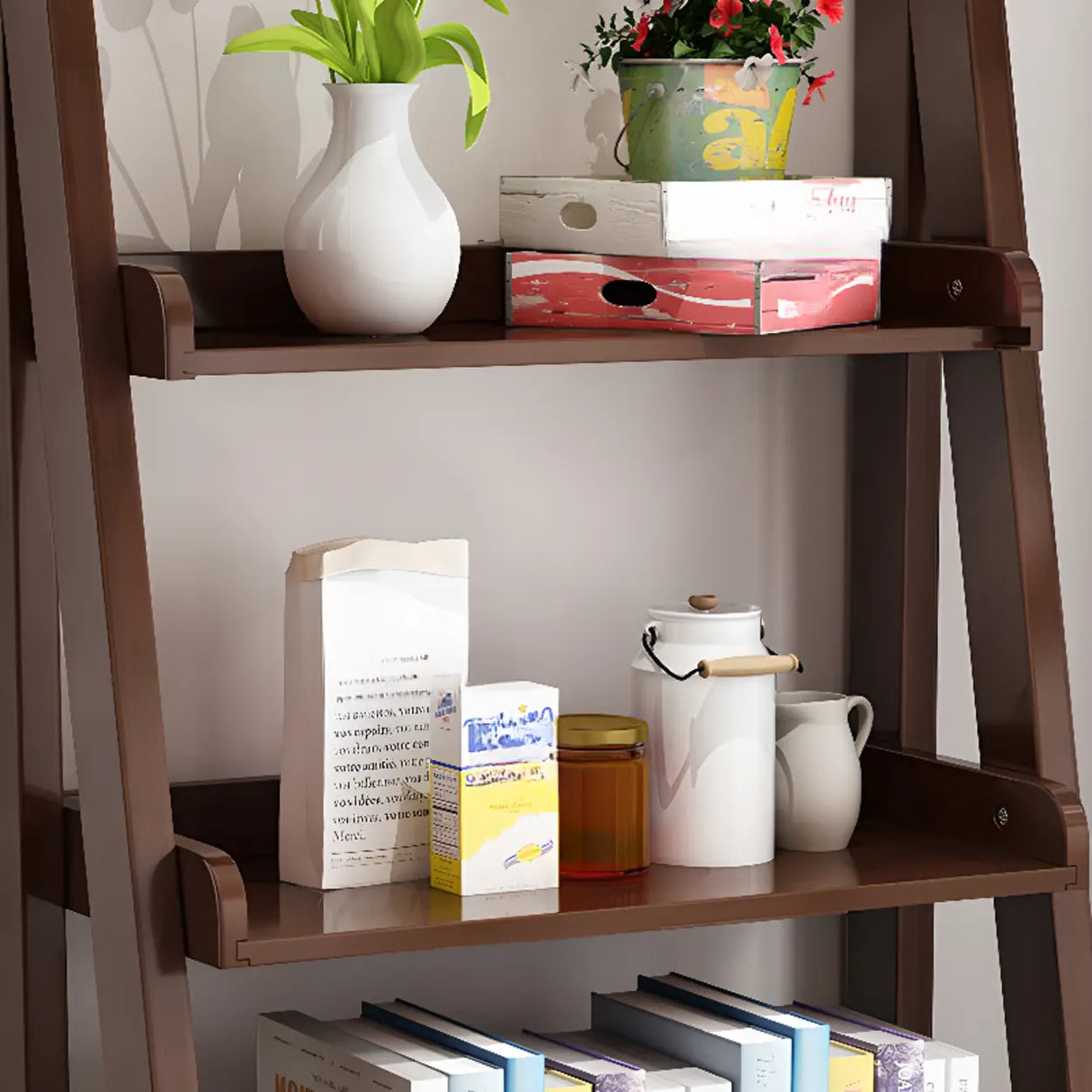 Rustic Open Ladder Wooden Vertical Display Bookshelf Image - 15
