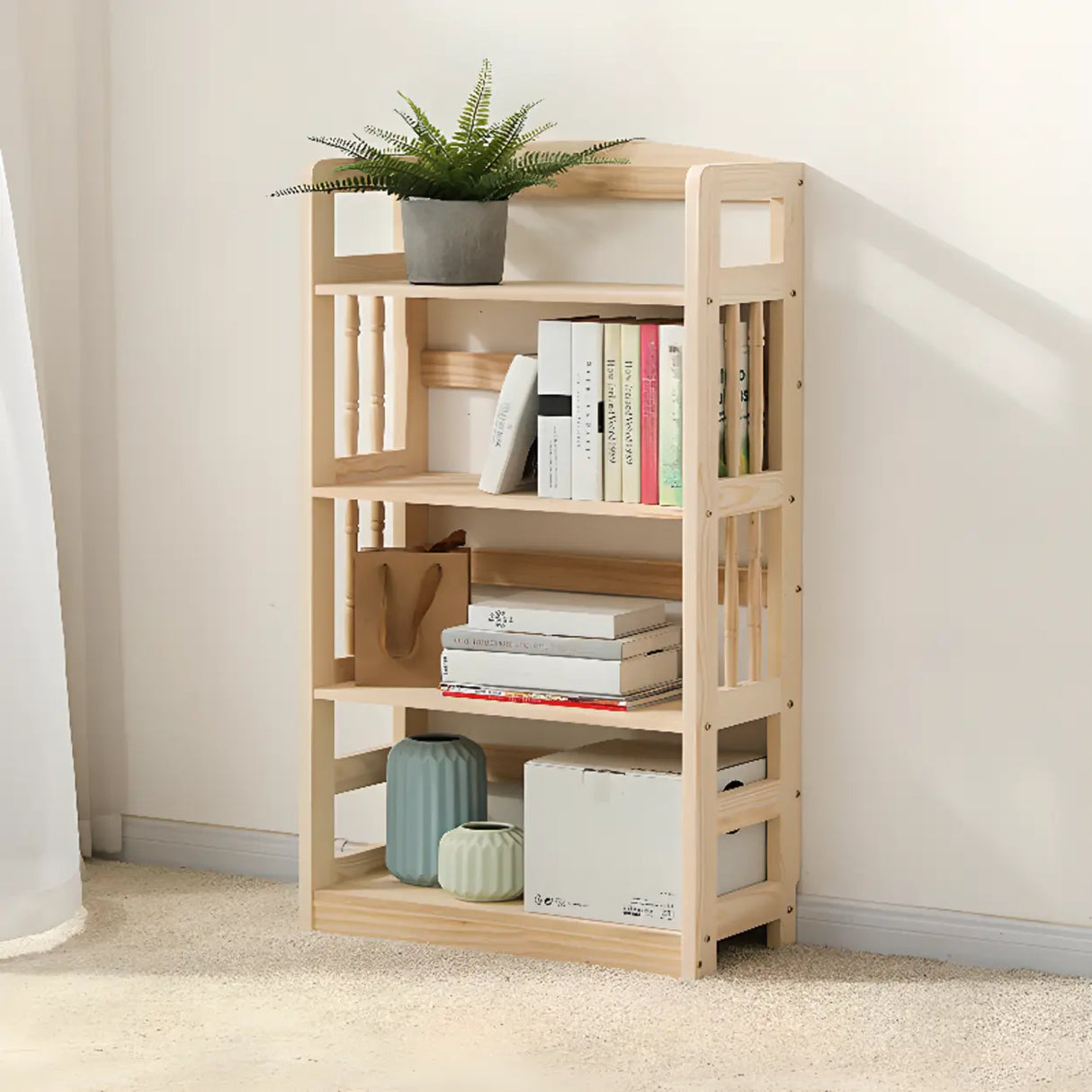 Rustic Open Natural Wood Standard Storage Bookshelf Image - 13