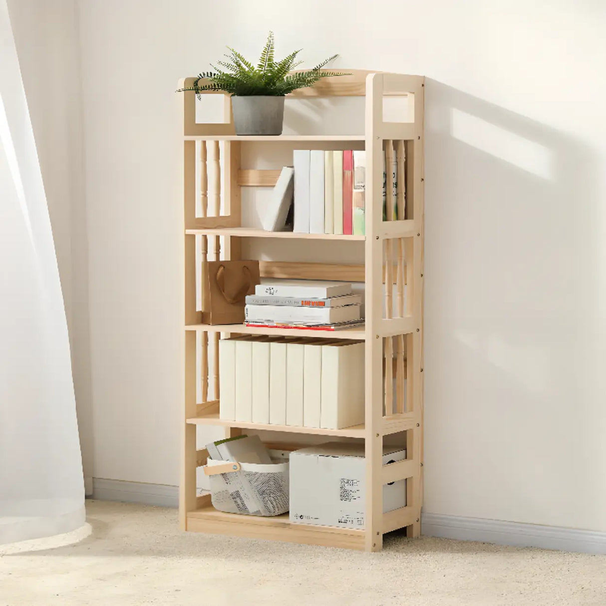 Rustic Open Natural Wood Standard Storage Bookshelf Image - 2