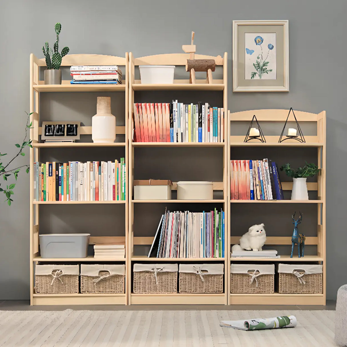 Rustic Open Natural Wood Standard Storage Bookshelf Image - 4