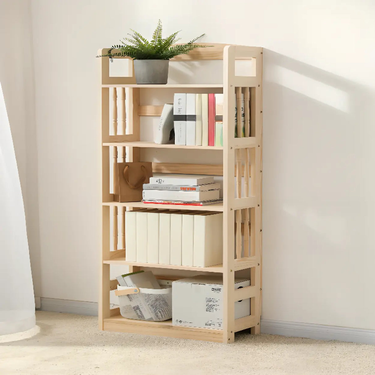 Rustic Open Natural Wood Standard Storage Bookshelf Image - 5
