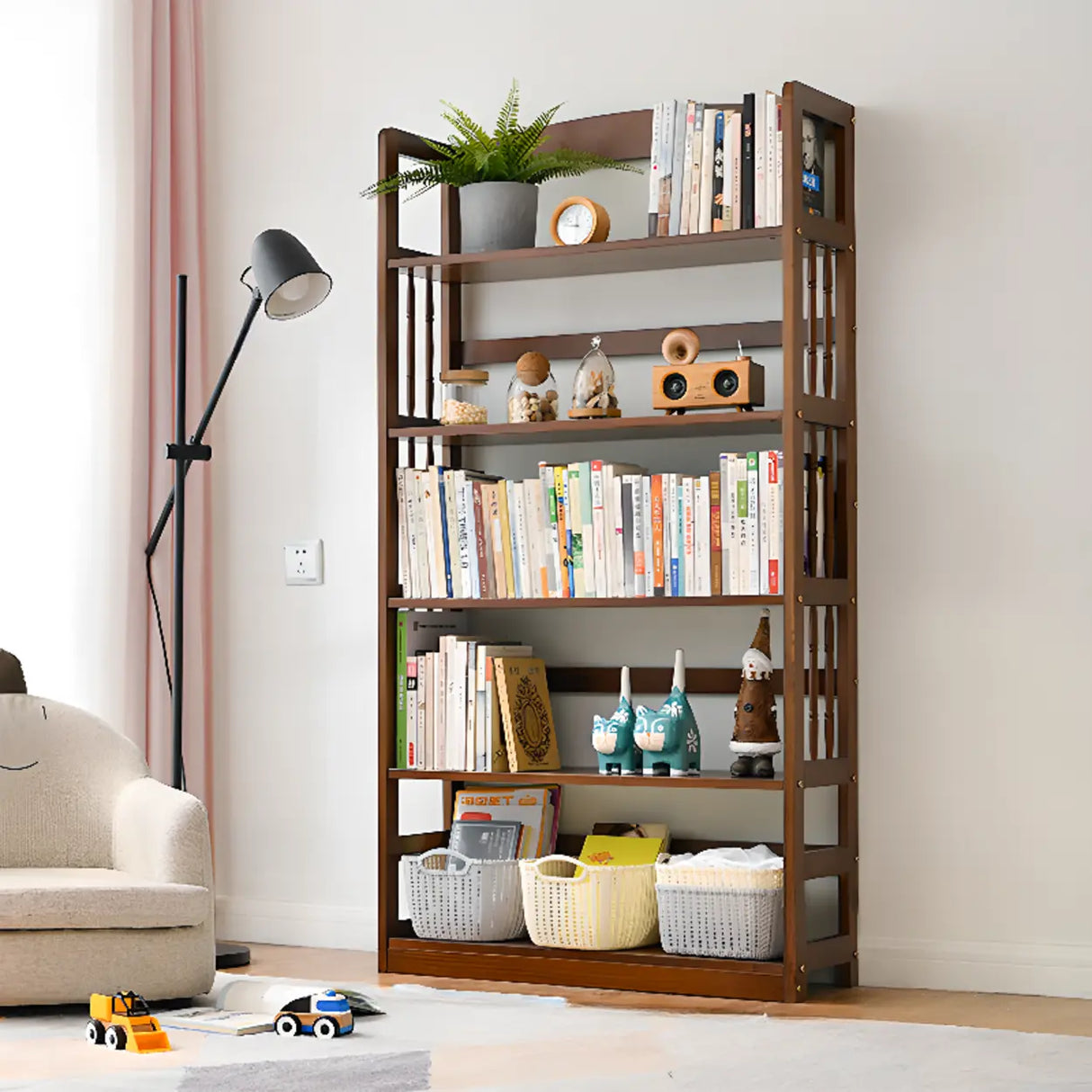 Rustic Open Natural Wood Standard Storage Bookshelf Image - 8