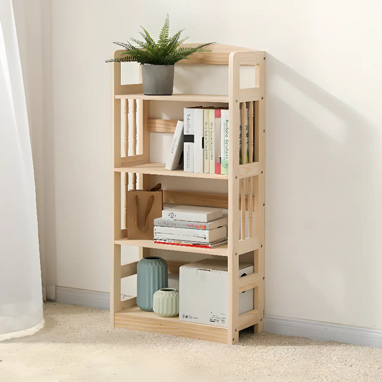 Rustic Open Natural Wood Standard Storage Bookshelf Image - 9