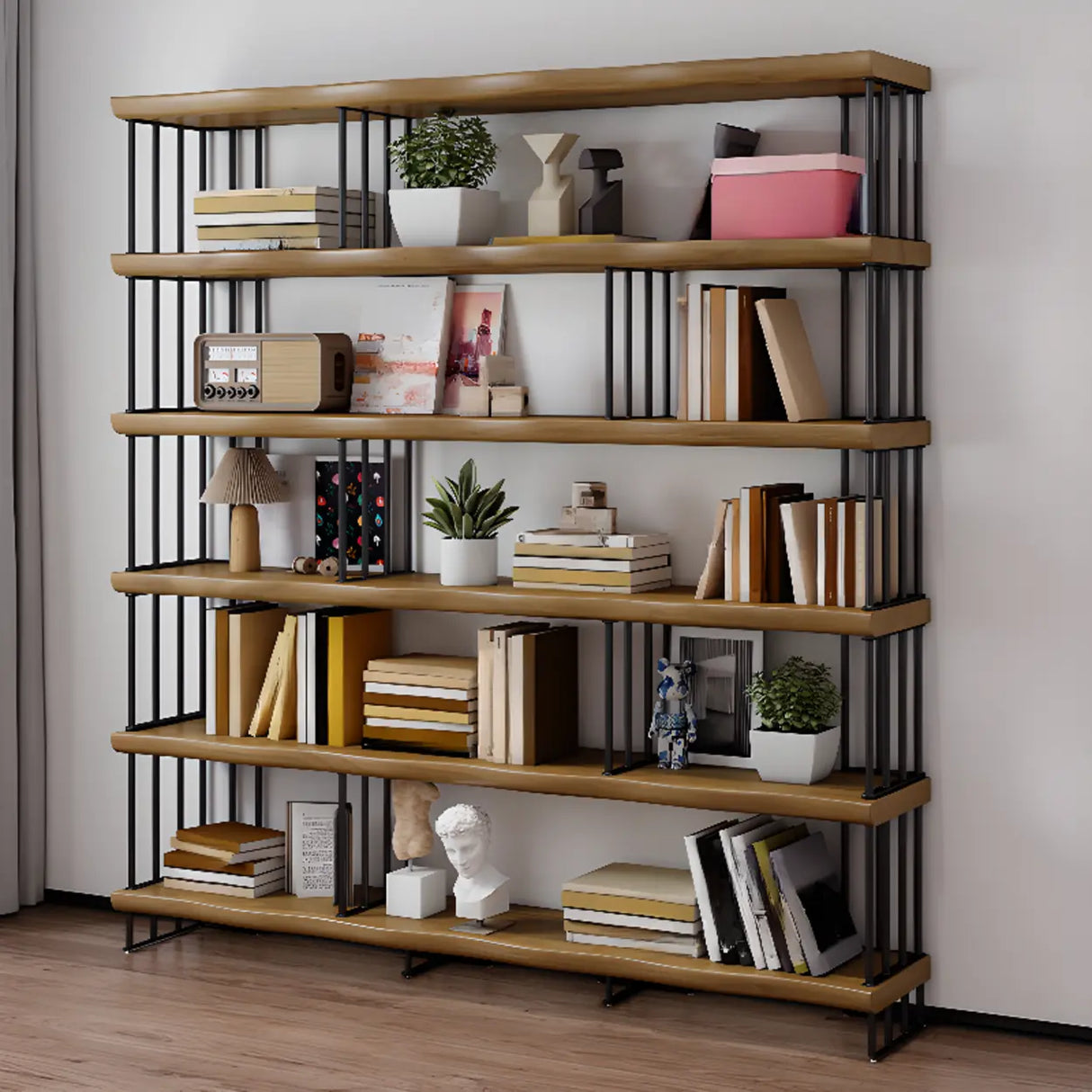 Rustic Open Pine Wooden Rectangle Storage Bookcase Image - 6