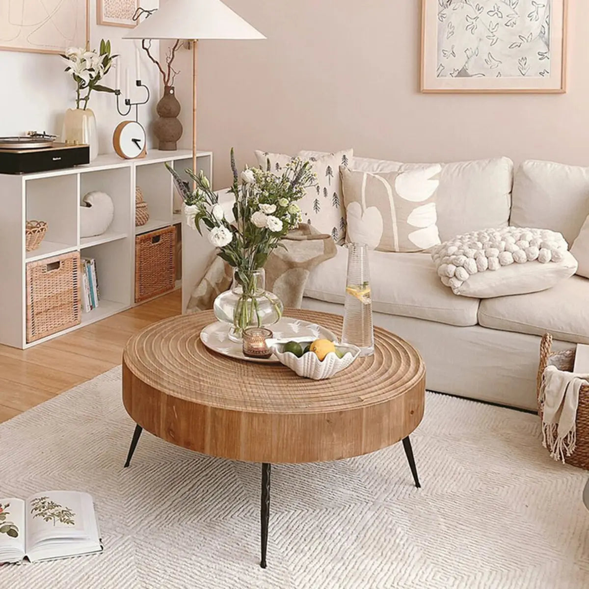 Rustic Pine Distressed Wood Finish Round Coffee Table Image - 1