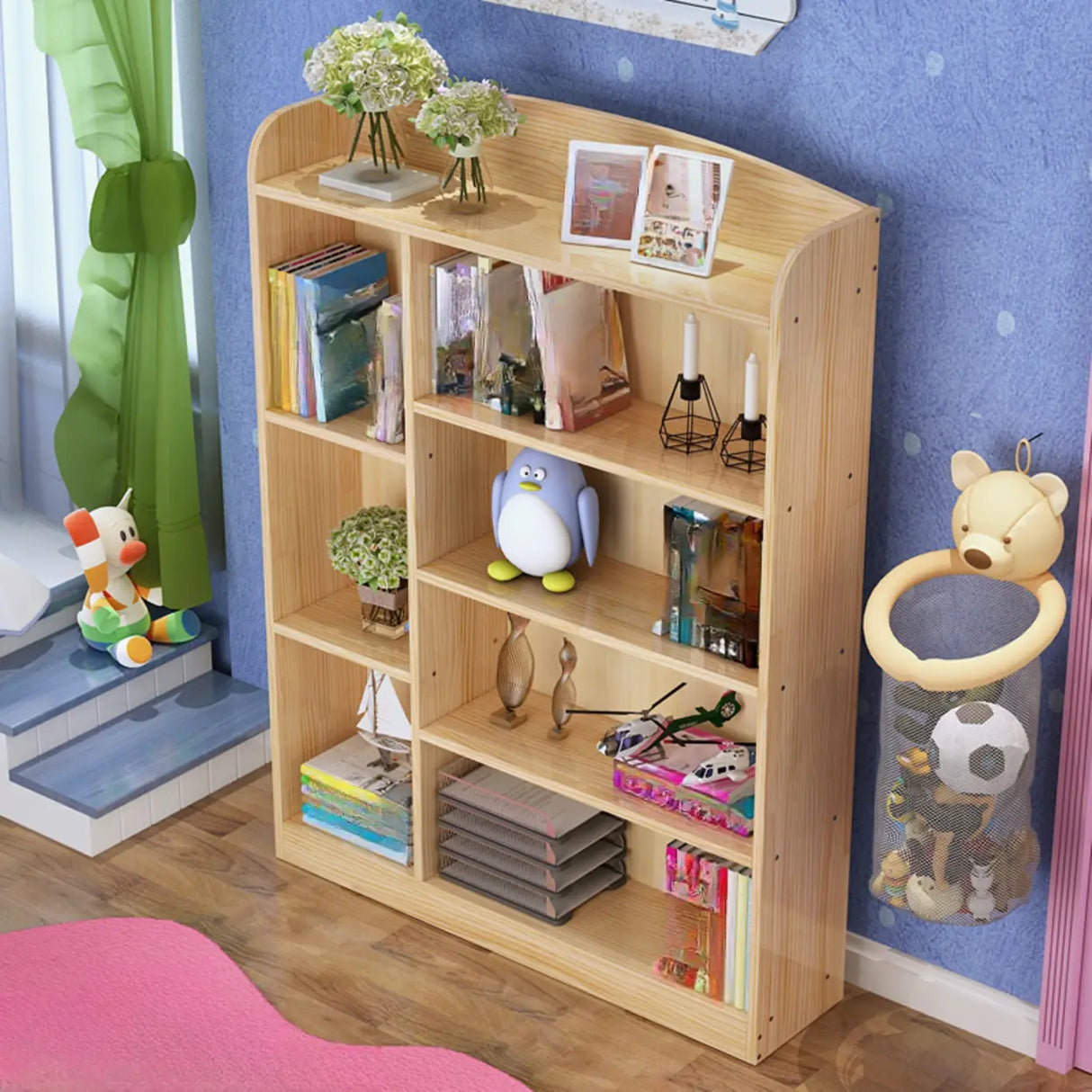 Rustic Pine Vertical Closed Back Wood Storage Bookcase Image - 1