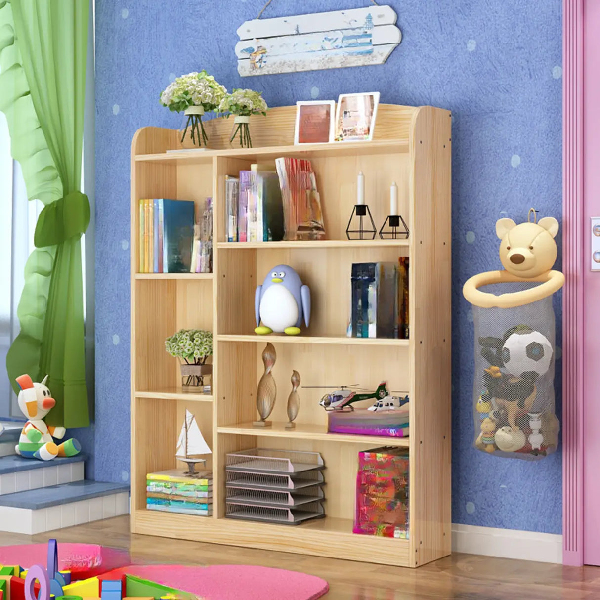 Rustic Pine Vertical Closed Back Wood Storage Bookcase Image - 4