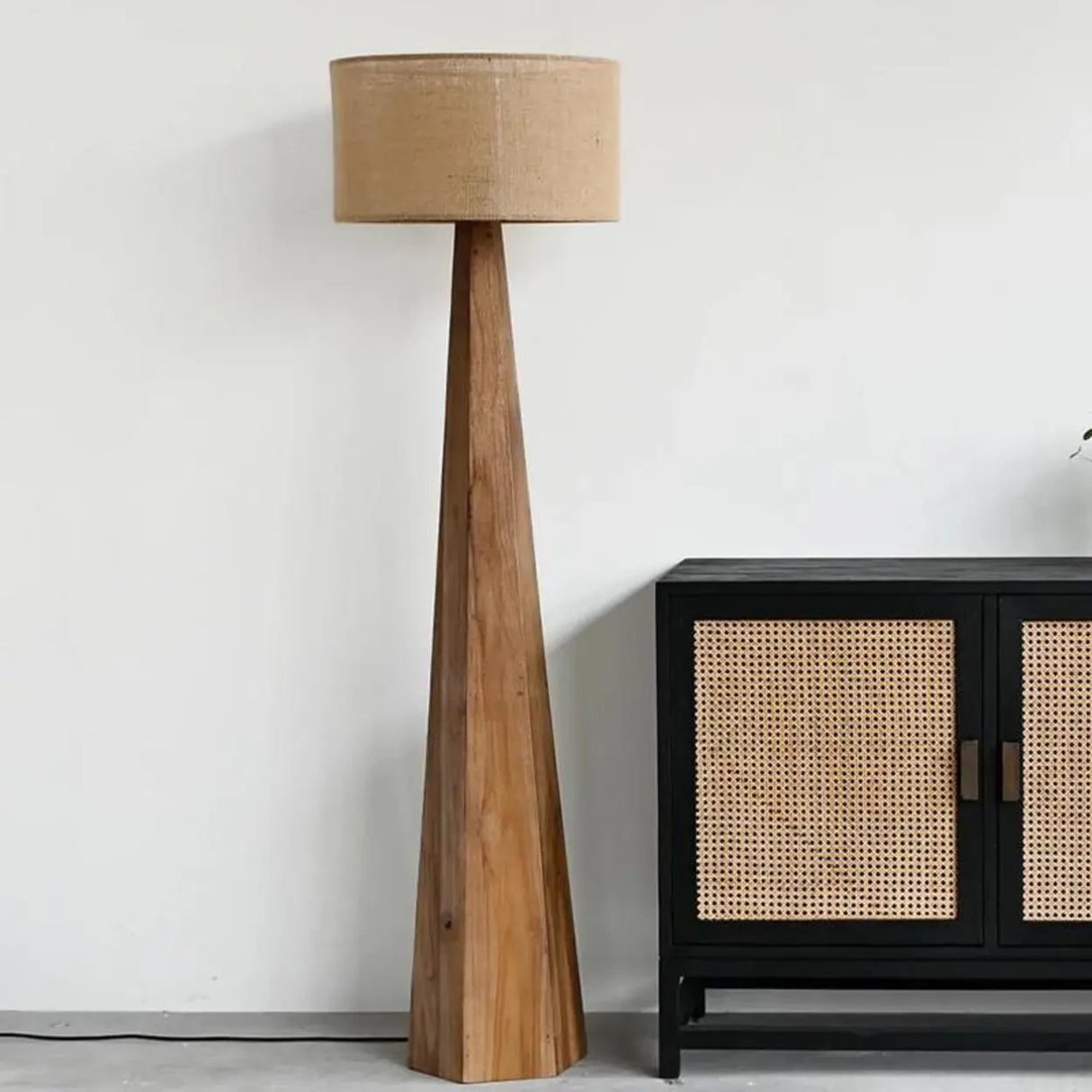 Rustic Push-Thru Wood Tree Fabric Drum Floor Lamp Image - 1