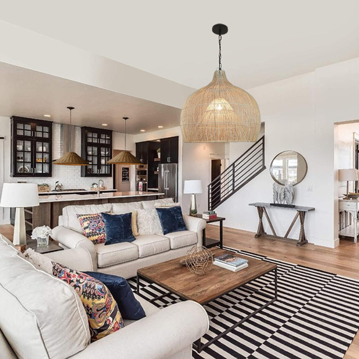 Rustic Rattan Woven Drum Cane Pendant Light Image - 3