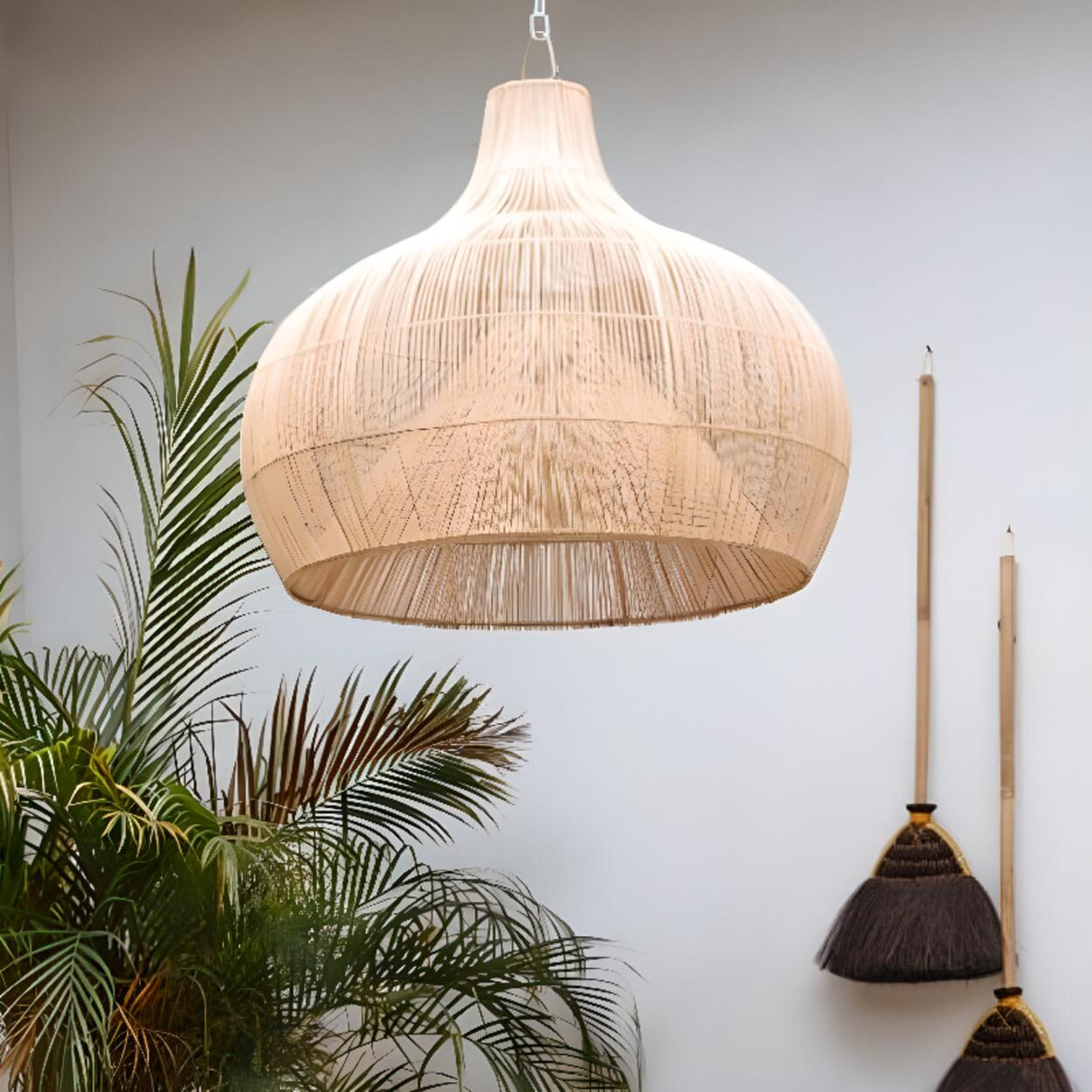 Rustic Rattan Woven Drum Cane Pendant Light Image - 4