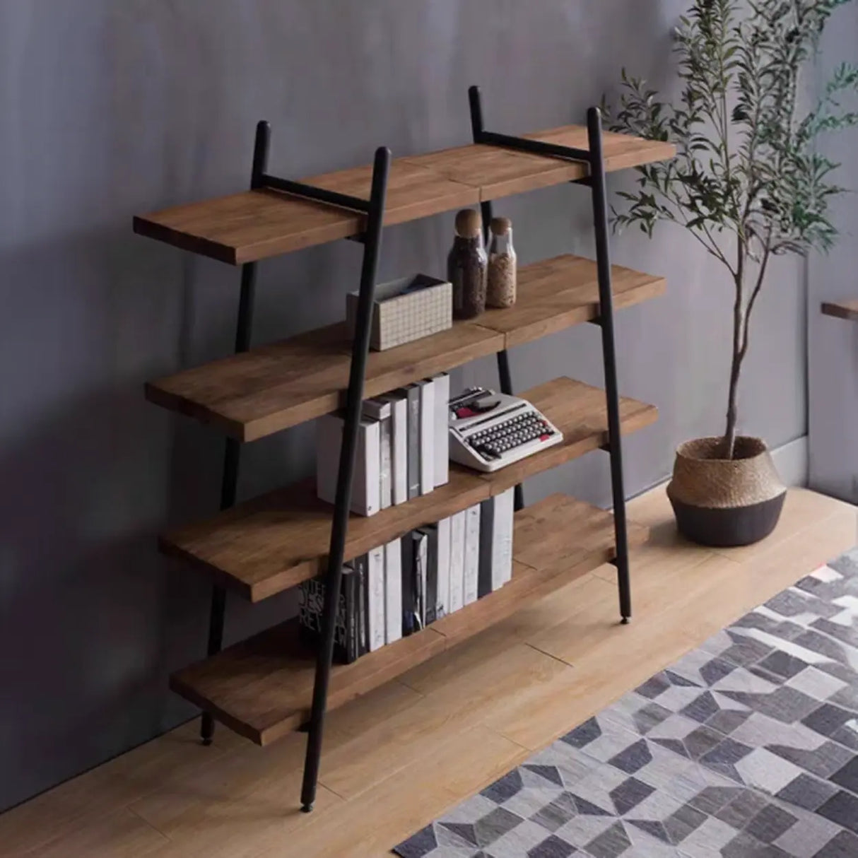 Rustic Rectangle Ladder Wood Brown Large Bookshelf Image - 1