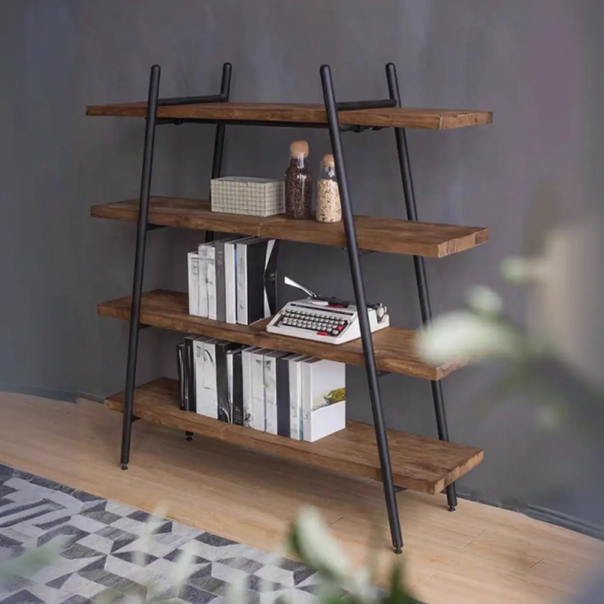 Rustic Rectangle Ladder Wood Brown Large Bookshelf Image - 2