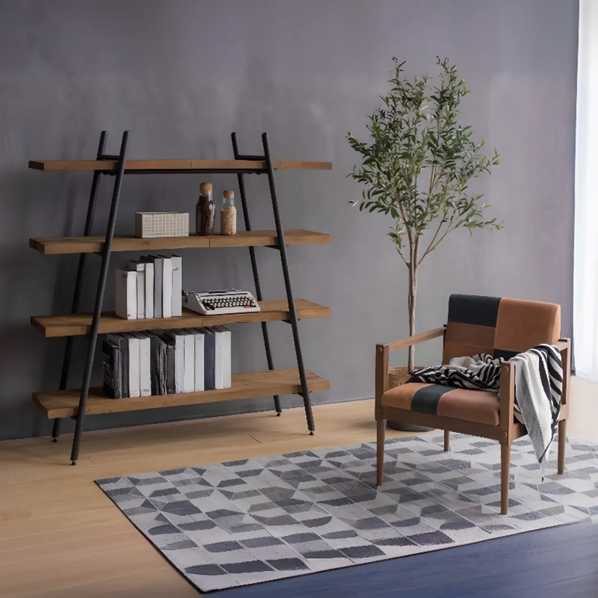 Rustic Rectangle Ladder Wood Brown Large Bookshelf Image - 3