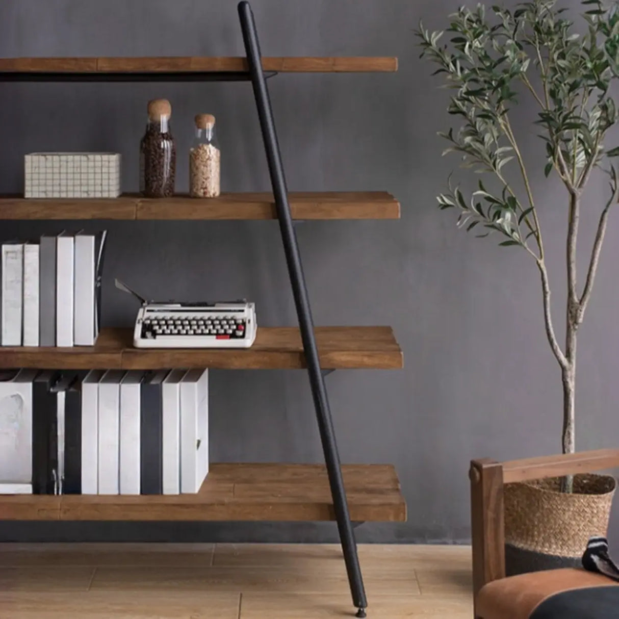 Rustic Rectangle Ladder Wood Brown Large Bookshelf Image - 4