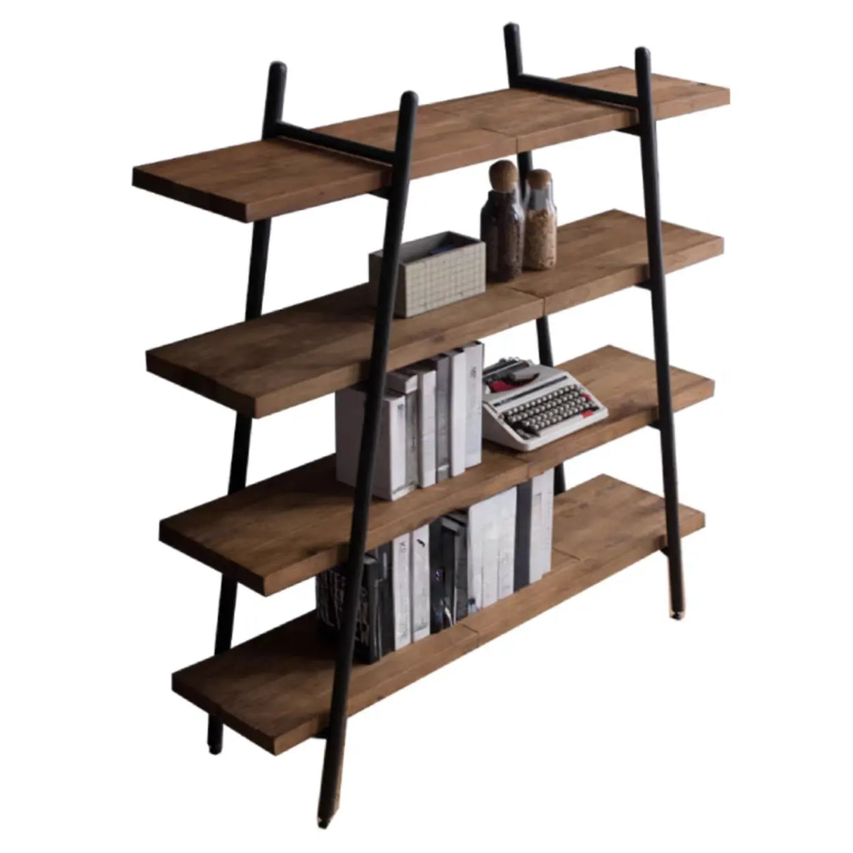 Rustic Rectangle Ladder Wood Brown Large Bookshelf Image - 5