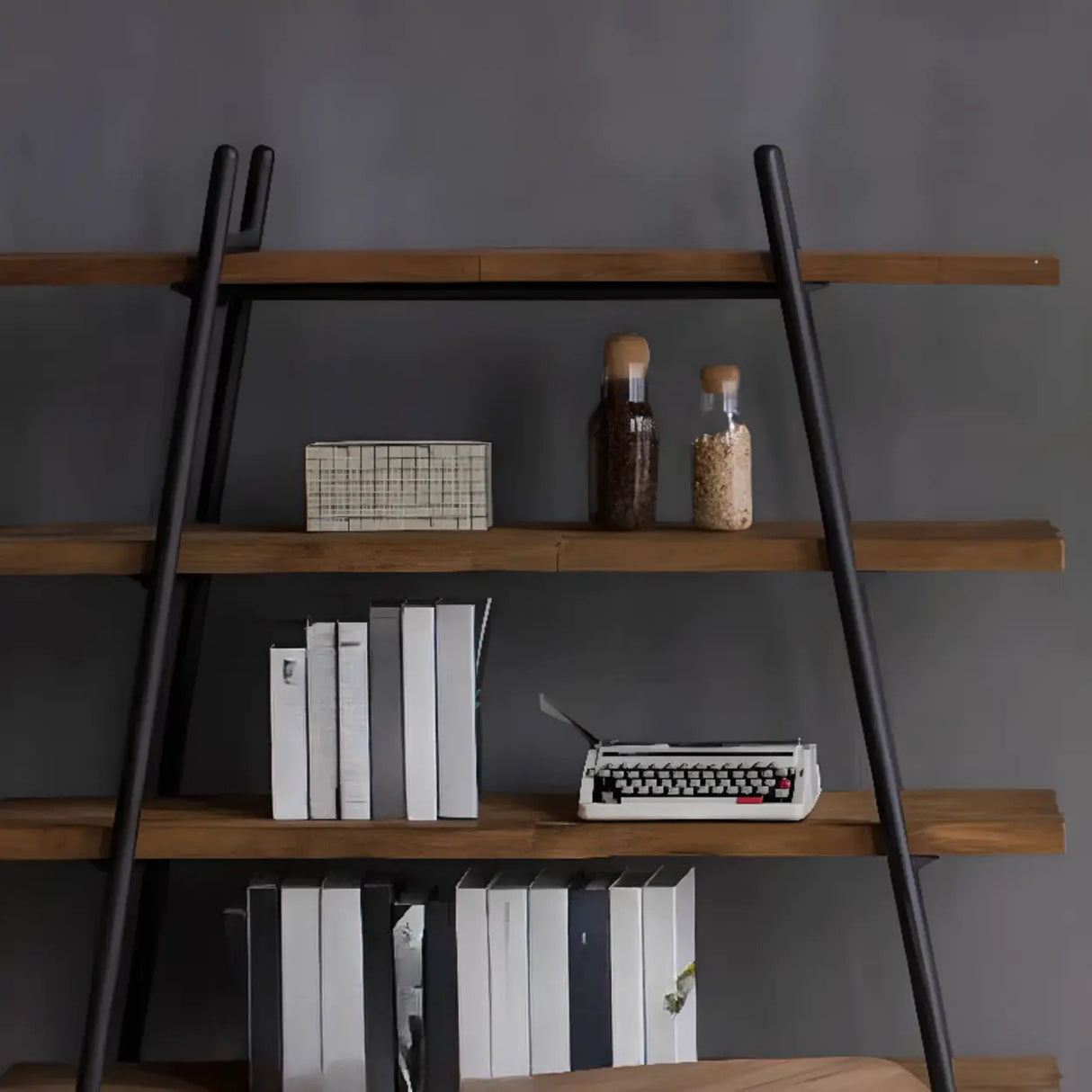 Rustic Rectangle Ladder Wood Brown Large Bookshelf Image - 7