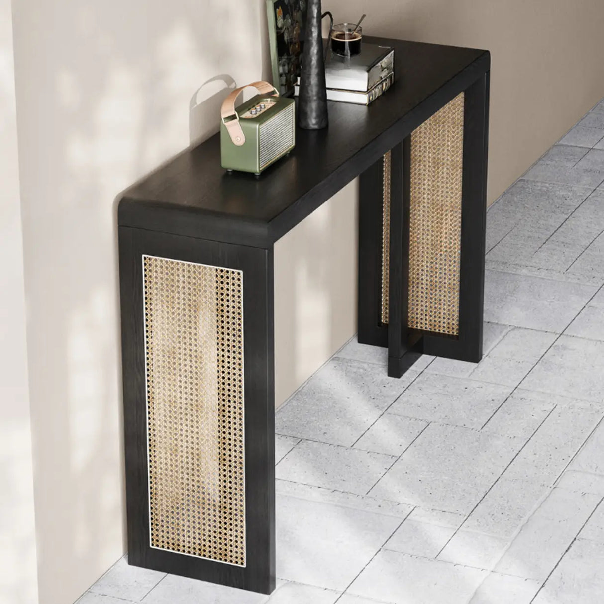 Rustic Rectangle Rattan Panel Wood Black Sled Console Table Image - 1