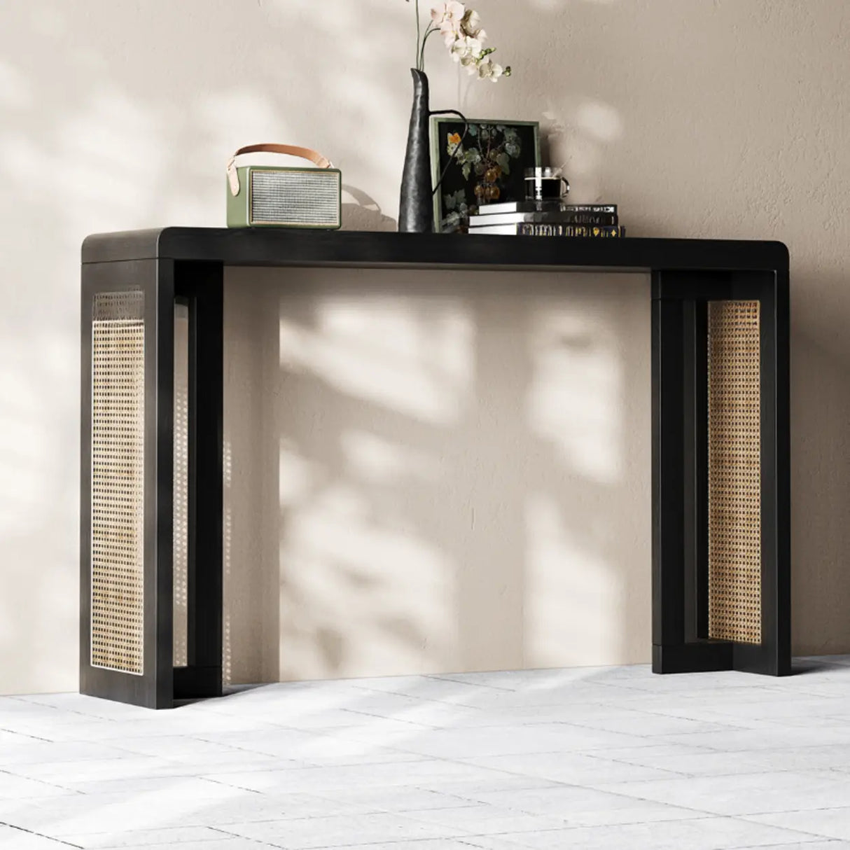 Rustic Rectangle Rattan Panel Wood Black Sled Console Table Image - 3