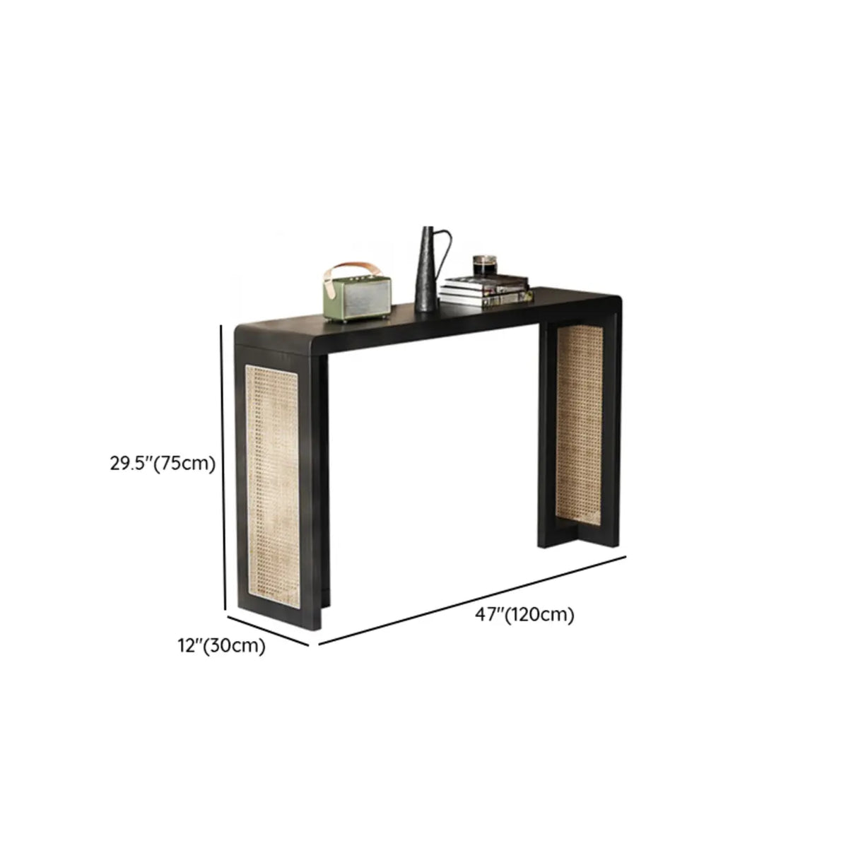 Rustic Rectangle Rattan Panel Wood Black Sled Console Table Image - 7