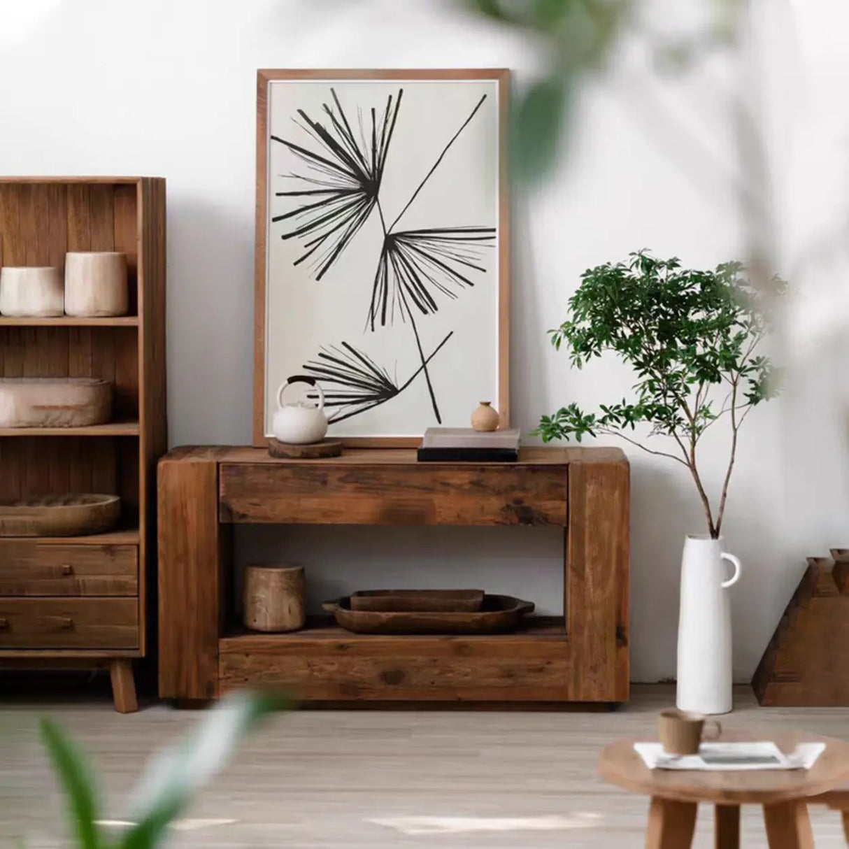 Rustic Rectangle Timber Brown Console Table with Shelf Image - 3