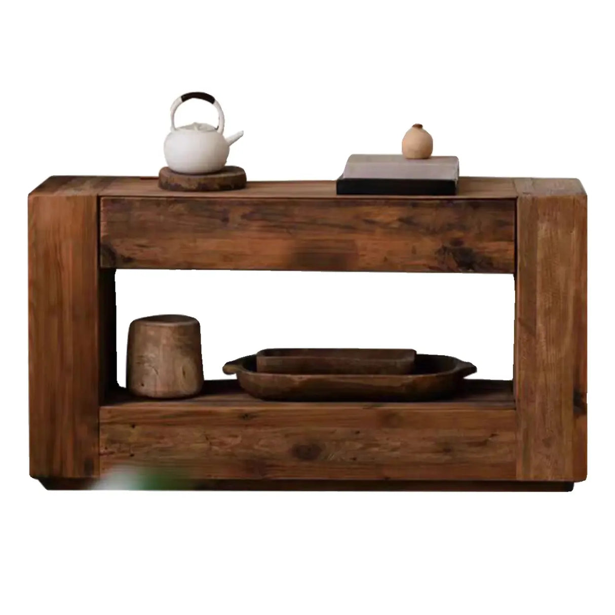 Rustic Rectangle Timber Brown Console Table with Shelf Image - 4