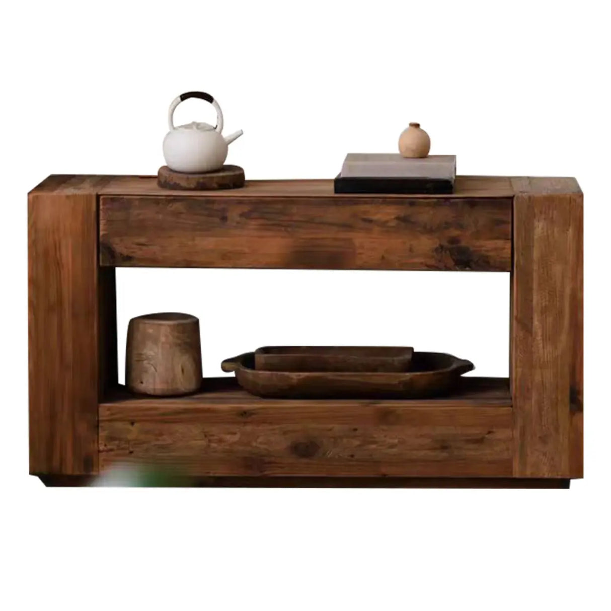 Rustic Rectangle Timber Brown Console Table with Shelf Image - 5