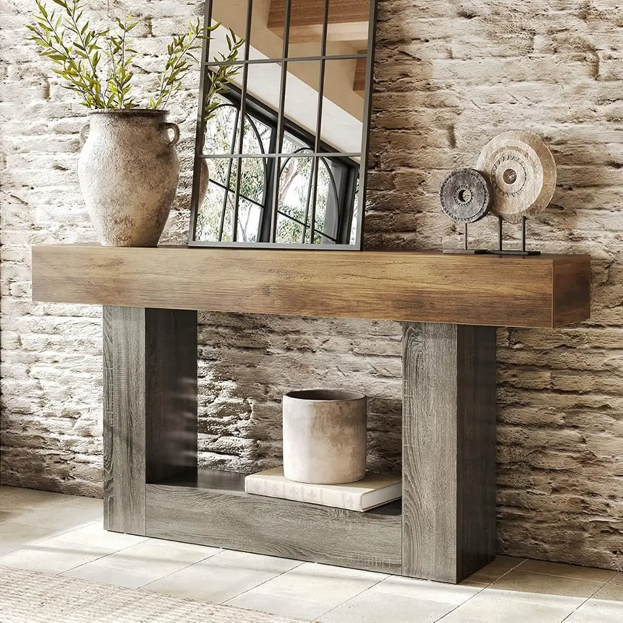 Rustic Rectangle Wood Entryway Console Table with Floor Shelf Image - 1