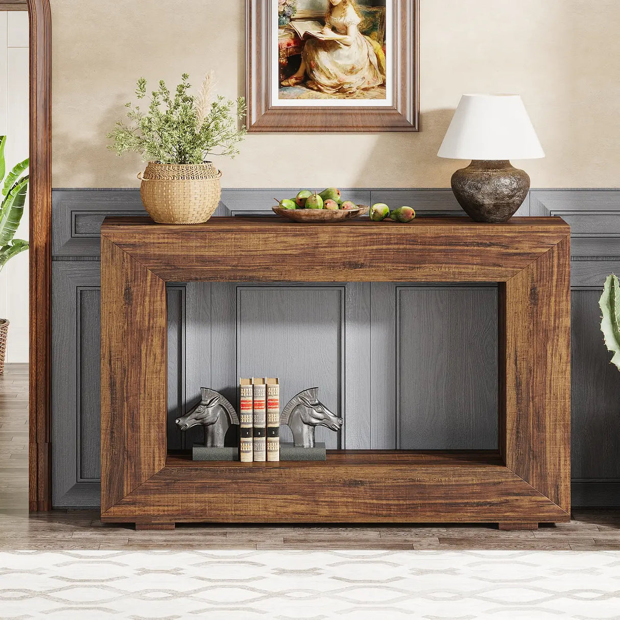 Rustic Rectangle Wood Entryway Console Table with Floor Shelf Image - 5