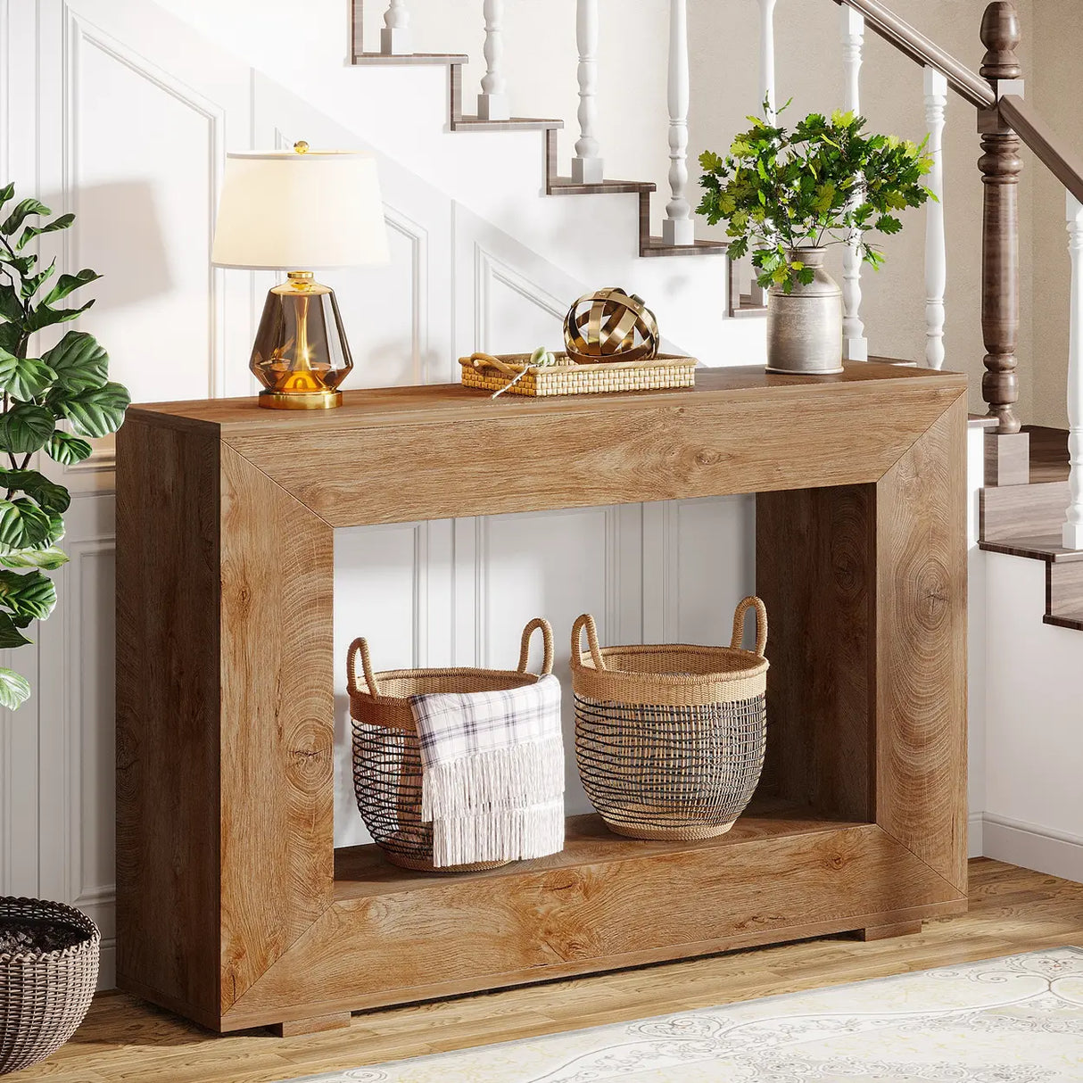 Rustic Rectangle Wood Entryway Console Table with Floor Shelf Image - 7