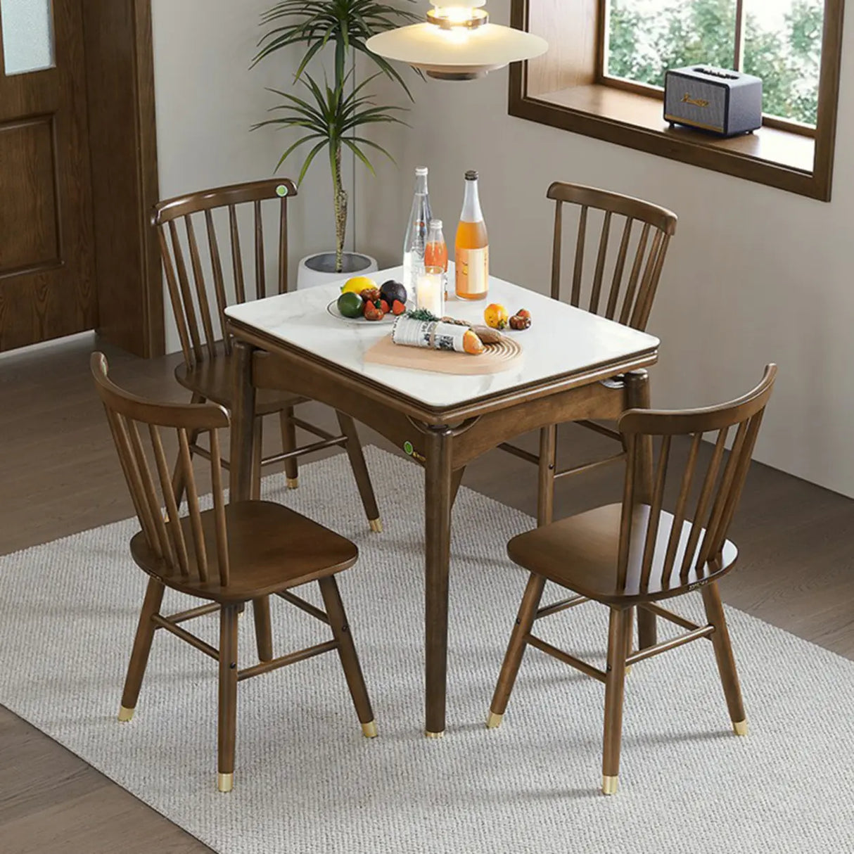 Rustic Rectangular White Stone Dining Table Wood Drop Leaf Image - 11