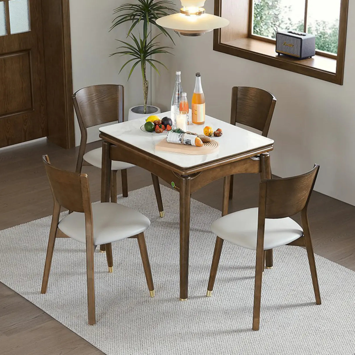 Rustic Rectangular White Stone Dining Table Wood Drop Leaf Image - 12