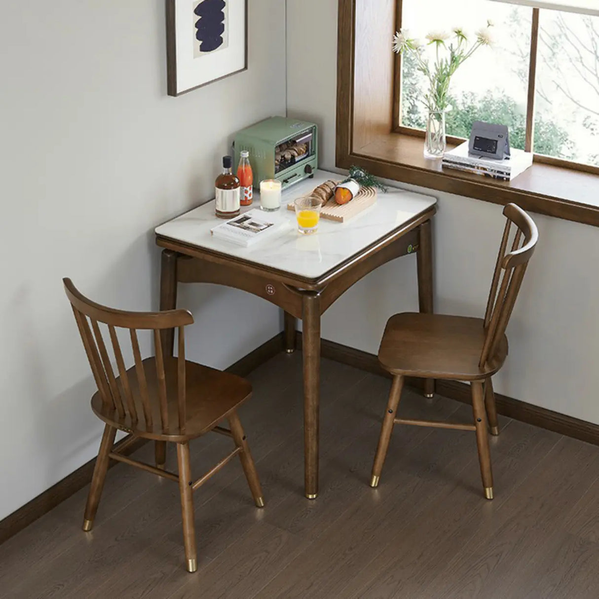 Rustic Rectangular White Stone Dining Table Wood Drop Leaf Image - 1