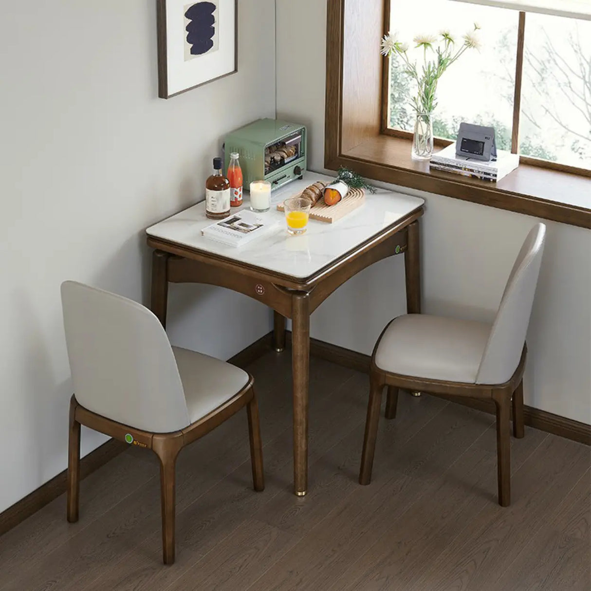 Rustic Rectangular White Stone Dining Table Wood Drop Leaf Image - 3