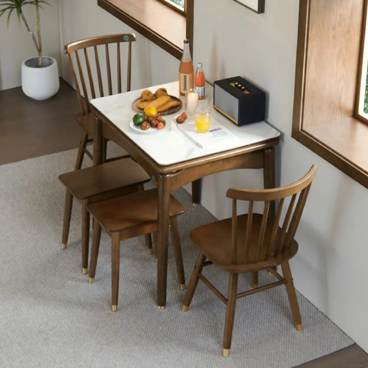 Rustic Rectangular White Stone Dining Table Wood Drop Leaf Image - 4