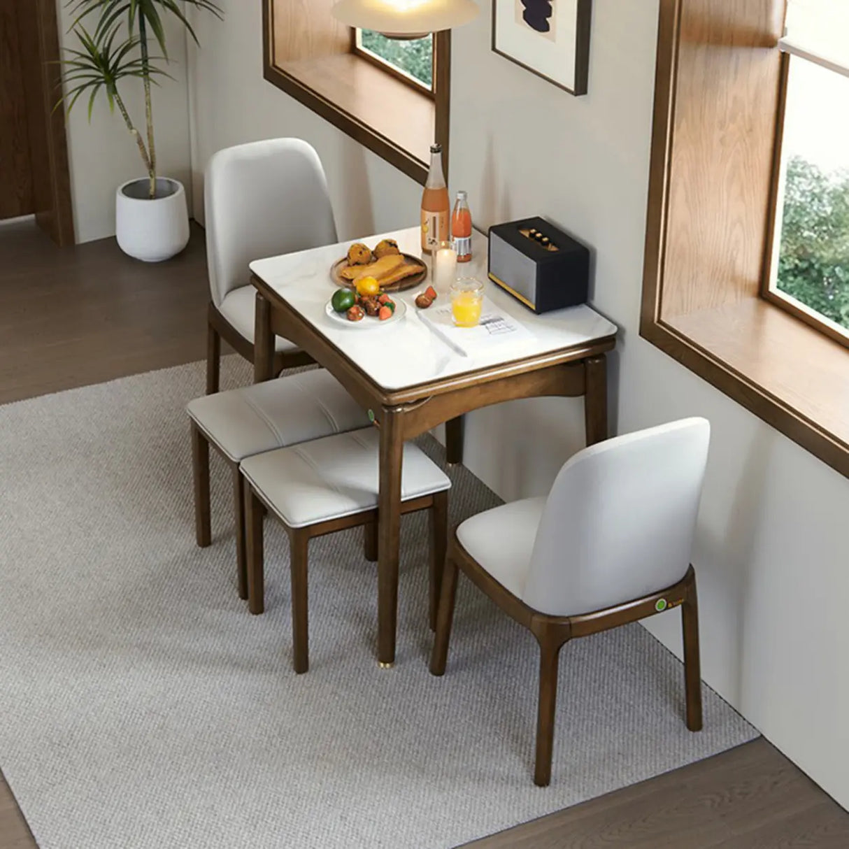 Rustic Rectangular White Stone Dining Table Wood Drop Leaf Image - 5