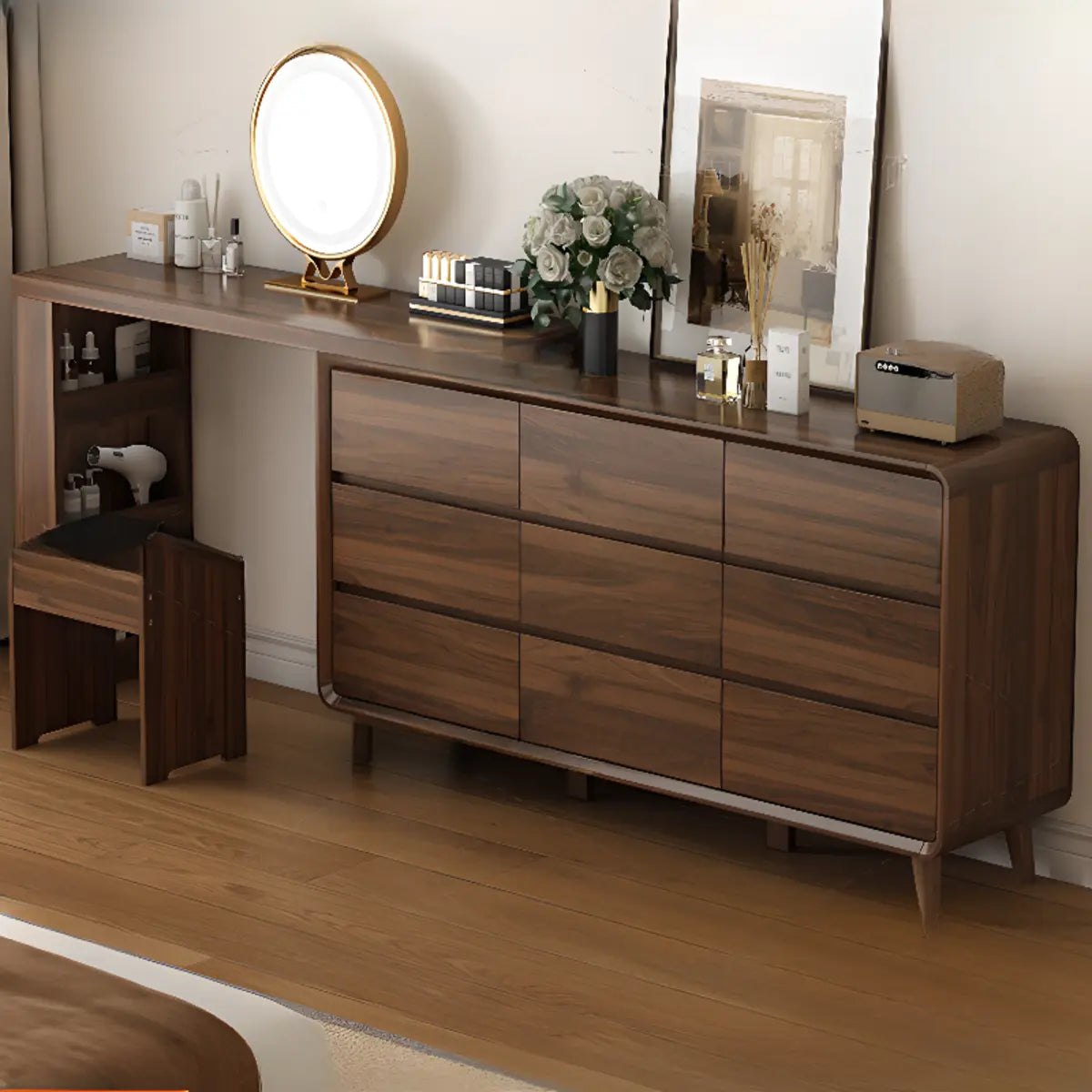 Rustic Rectangular Wood Mirror Scalable Makeup Vanity Set Image - 1