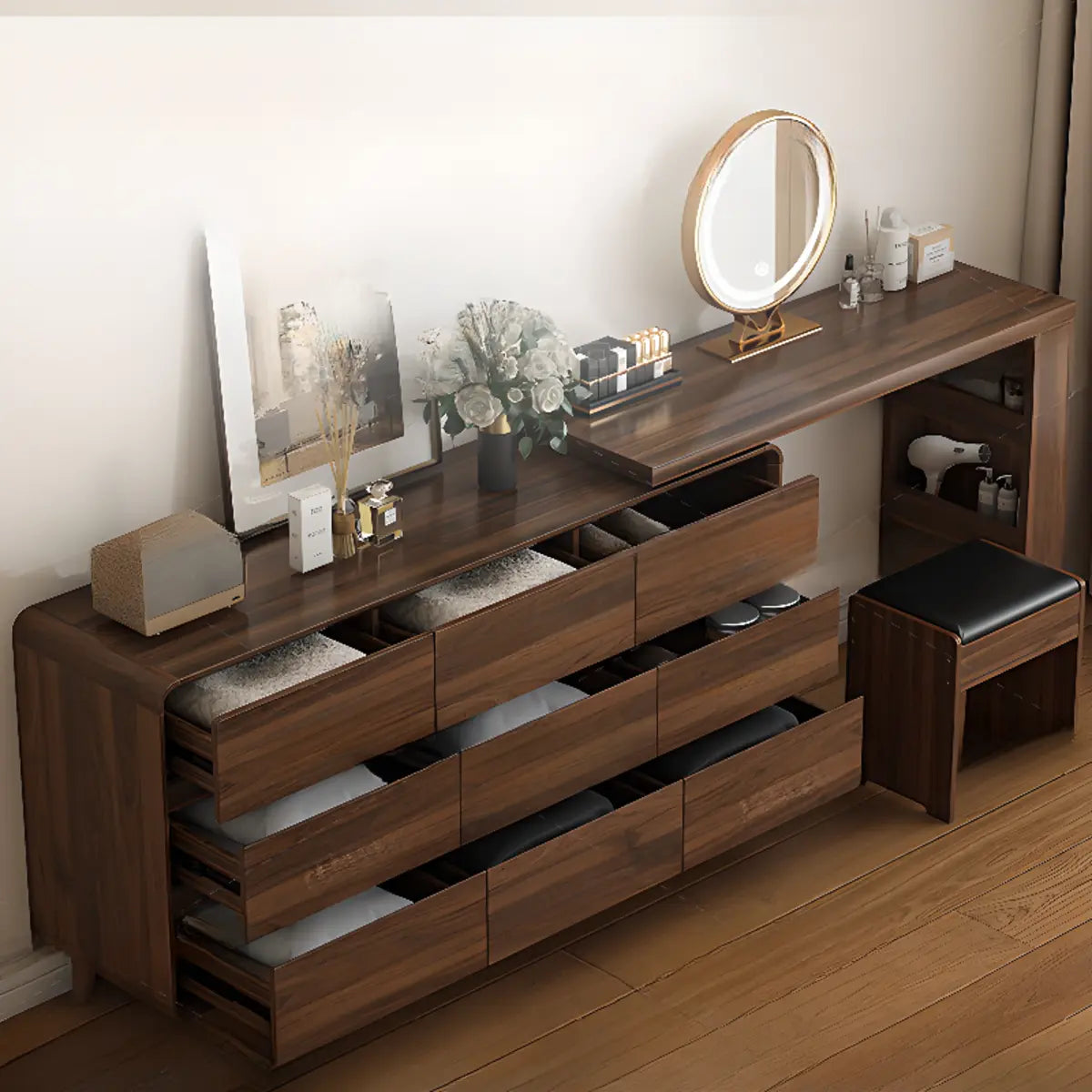 Rustic Rectangular Wood Mirror Scalable Makeup Vanity Set Image - 3